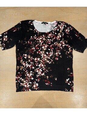 White House Black Market Red Black Floral Short Sleeve Sweater SIZE XL